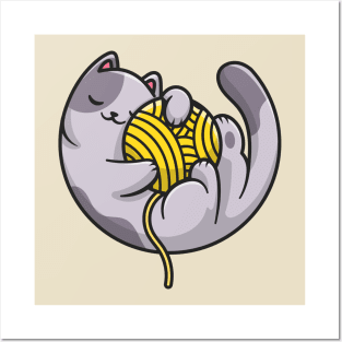 Cute Cat Sleeping And Hug Yarn Ball Cartoon Posters and Art